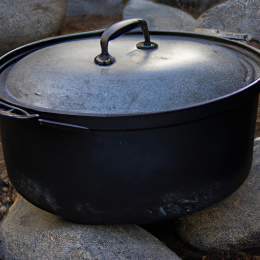 A cast iron Dutch oven placed on a campfire, ready for outdoor cooking adventures.