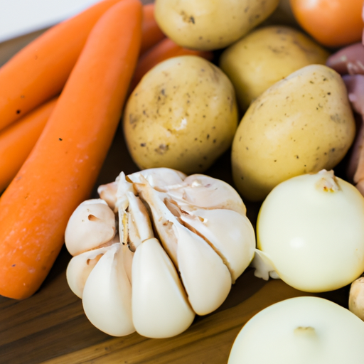 Fresh ingredients for Dutch oven chicken including garlic, onions, carrots, and potatoes.