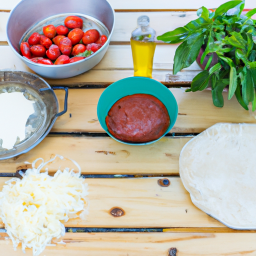 Fresh ingredients such as tomatoes, cheese, herbs, and dough for making Dutch oven pizza.